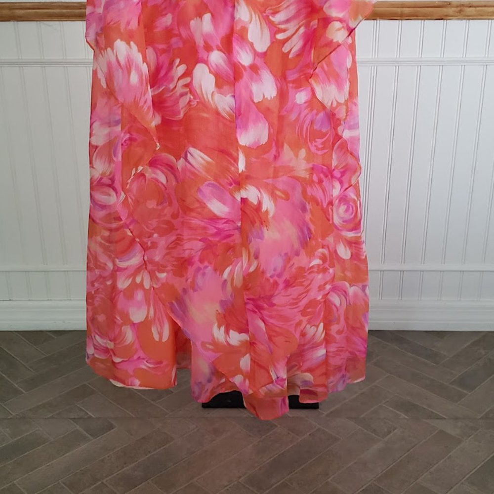 SOLD Vtg 60s Maxi Dress Women's Size 12 Watercolor Floral Pink Orange Capelet - Picture 12 of 13